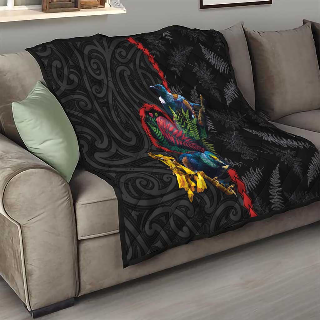 New Zealand Tui Birds Love Couple Quilt The Heart of Silver Fern Leaves and Maori Tattoo Pattern