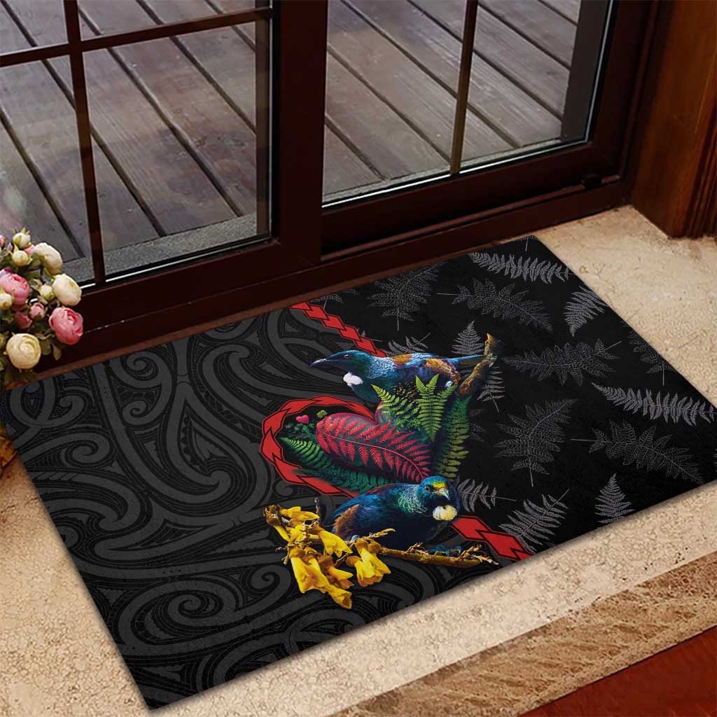 New Zealand Tui Birds Love Couple Rubber Doormat The Heart of Silver Fern Leaves and Maori Tattoo Pattern