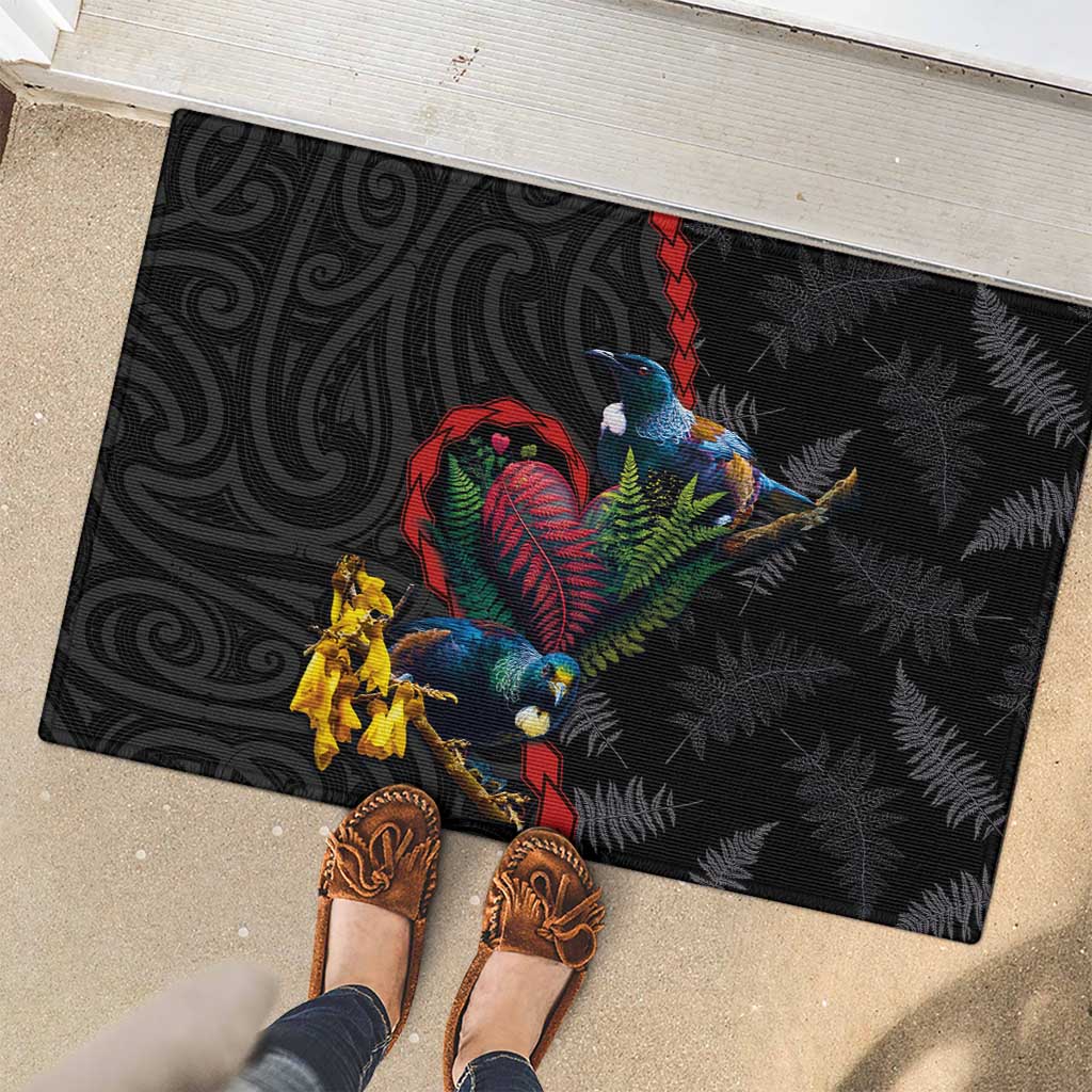 New Zealand Tui Birds Love Couple Rubber Doormat The Heart of Silver Fern Leaves and Maori Tattoo Pattern