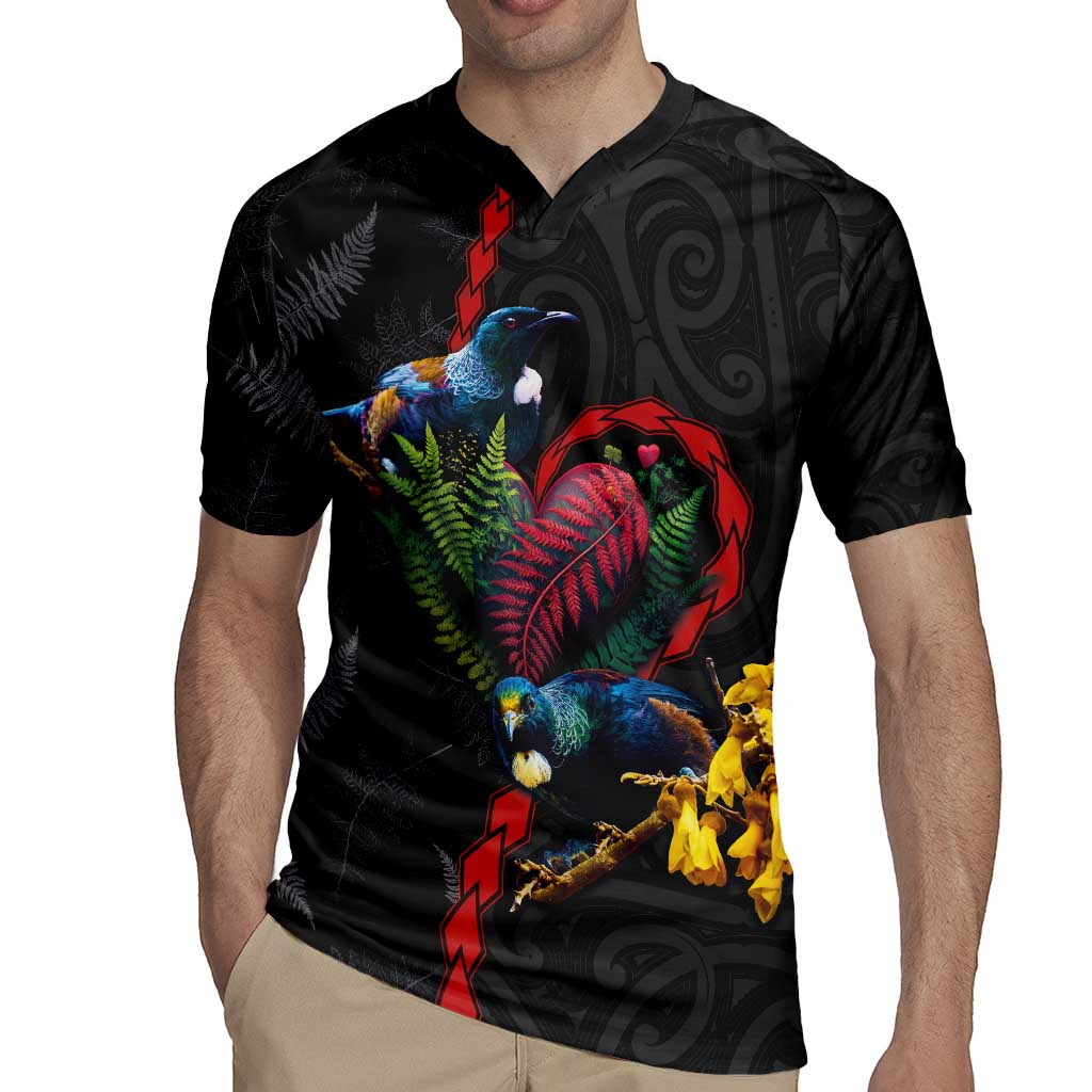 New Zealand Tui Birds Love Couple Rugby Jersey The Heart of Silver Fern Leaves and Maori Tattoo Pattern