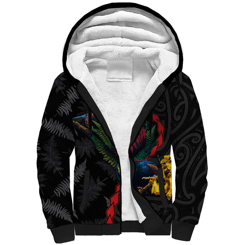 New Zealand Tui Birds Love Couple Sherpa Hoodie The Heart of Silver Fern Leaves and Maori Tattoo Pattern