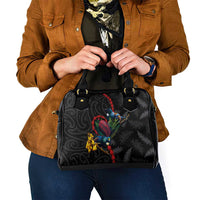 New Zealand Tui Birds Love Couple Shoulder Handbag The Heart of Silver Fern Leaves and Maori Tattoo Pattern