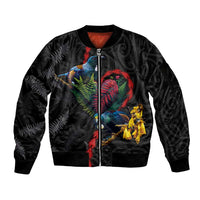 New Zealand Tui Birds Love Couple Sleeve Zip Bomber Jacket The Heart of Silver Fern Leaves and Maori Tattoo Pattern