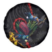 New Zealand Tui Birds Love Couple Spare Tire Cover The Heart of Silver Fern Leaves and Maori Tattoo Pattern