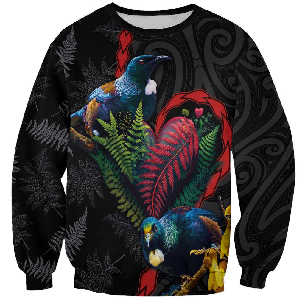 New Zealand Tui Birds Love Couple Sweatshirt The Heart of Silver Fern Leaves and Maori Tattoo Pattern