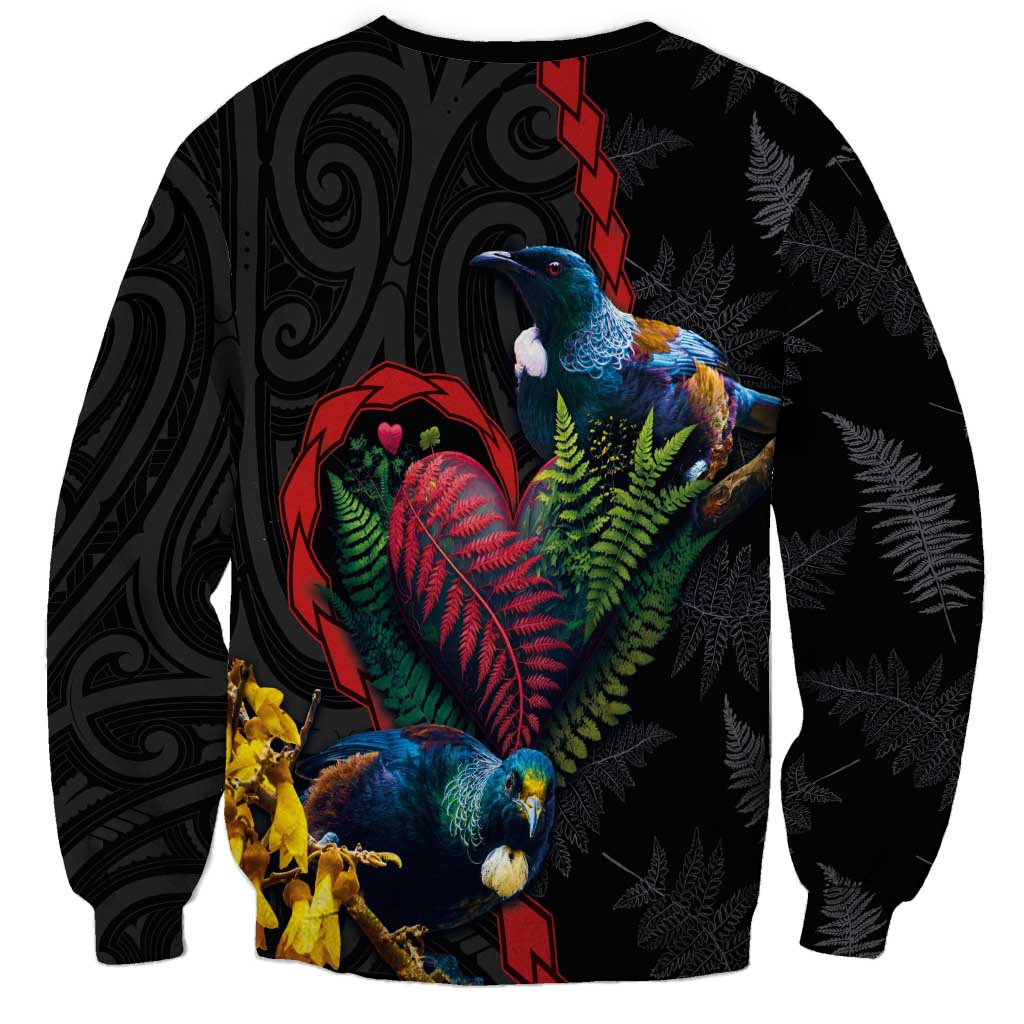 New Zealand Tui Birds Love Couple Sweatshirt The Heart of Silver Fern Leaves and Maori Tattoo Pattern