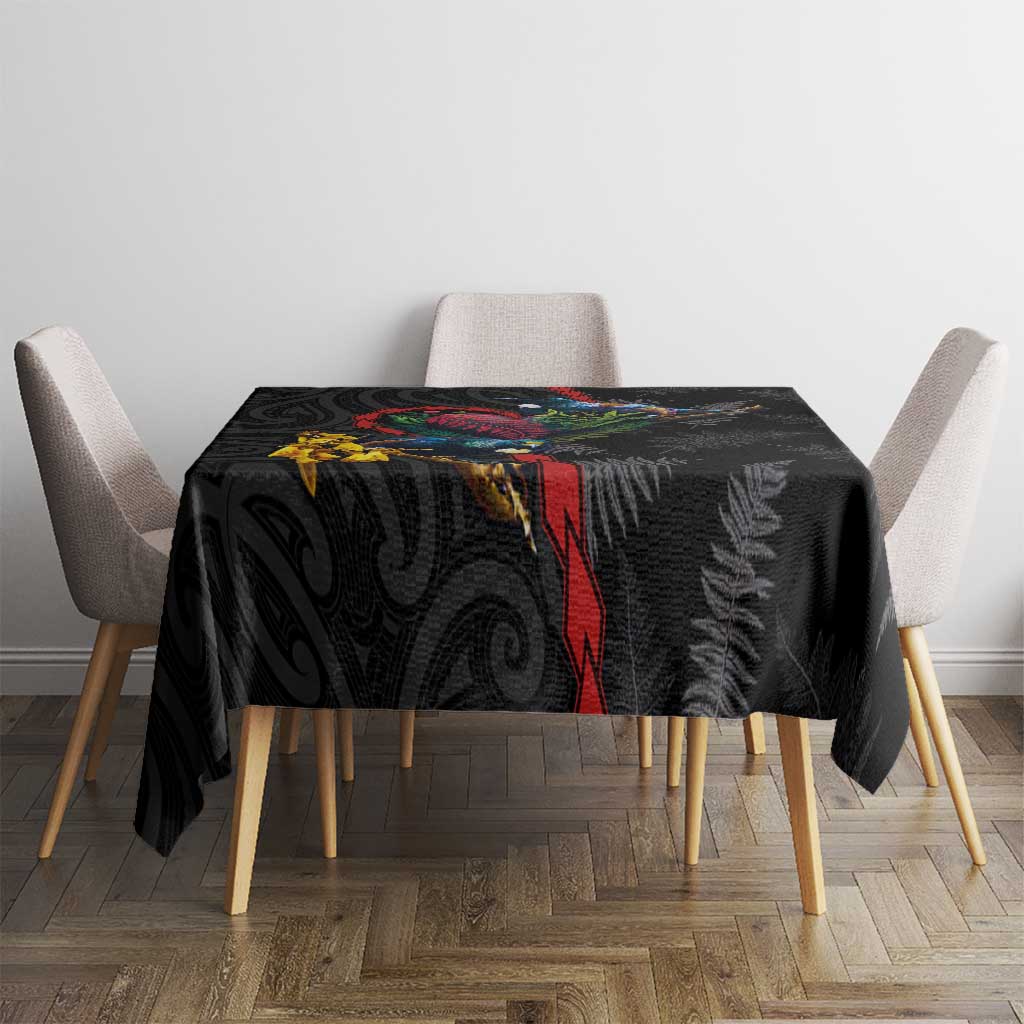 New Zealand Tui Birds Love Couple Tablecloth The Heart of Silver Fern Leaves and Maori Tattoo Pattern