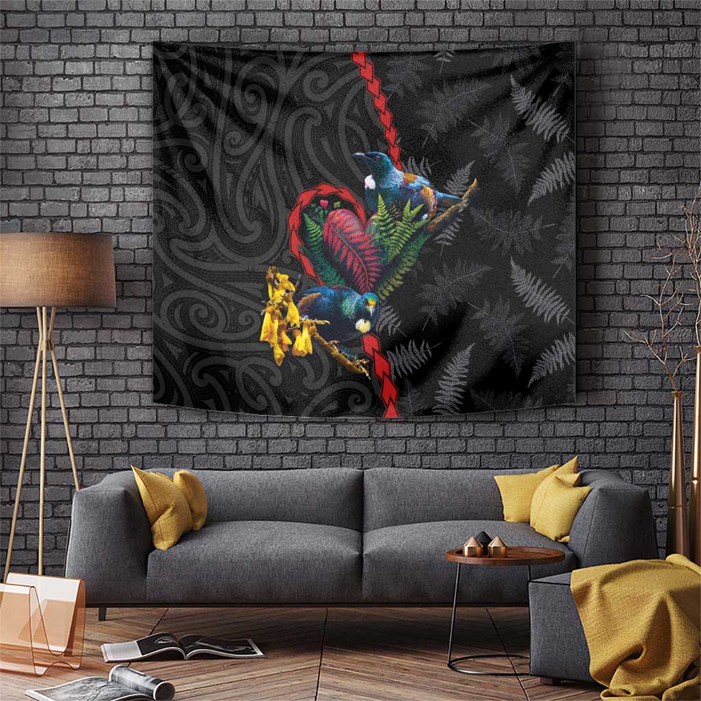 New Zealand Tui Birds Love Couple Tapestry The Heart of Silver Fern Leaves and Maori Tattoo Pattern