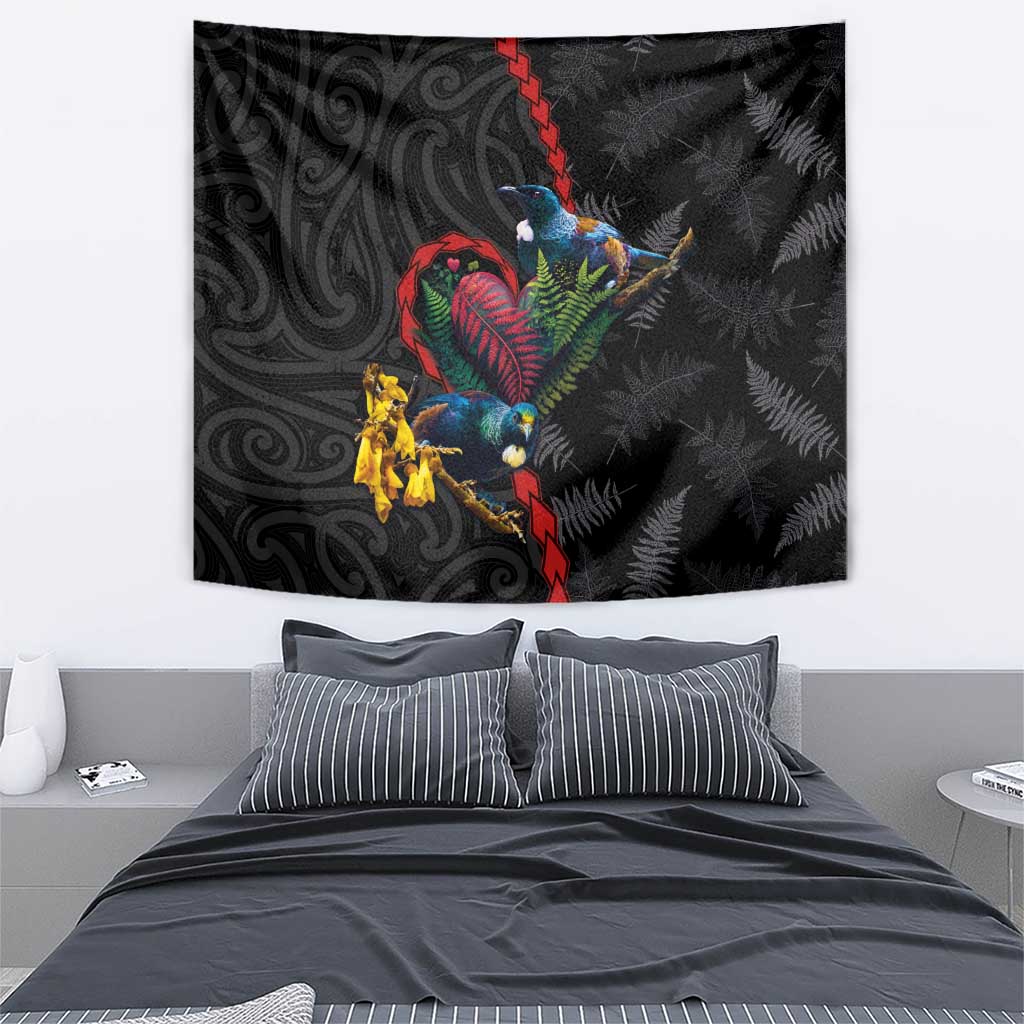 New Zealand Tui Birds Love Couple Tapestry The Heart of Silver Fern Leaves and Maori Tattoo Pattern