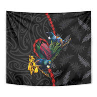 New Zealand Tui Birds Love Couple Tapestry The Heart of Silver Fern Leaves and Maori Tattoo Pattern