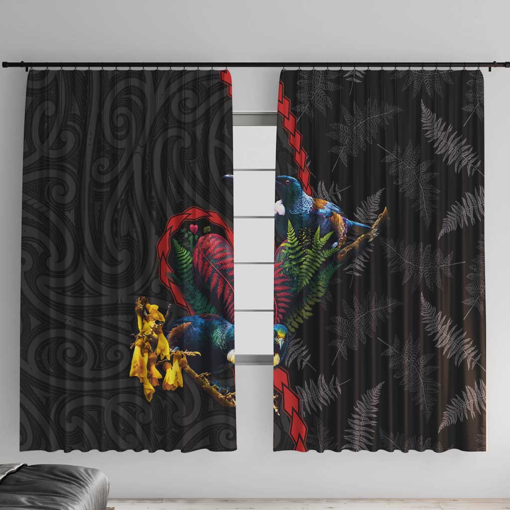 New Zealand Tui Birds Love Couple Window Curtain The Heart of Silver Fern Leaves and Maori Tattoo Pattern LT03 With Hooks Black - Polynesian Pride