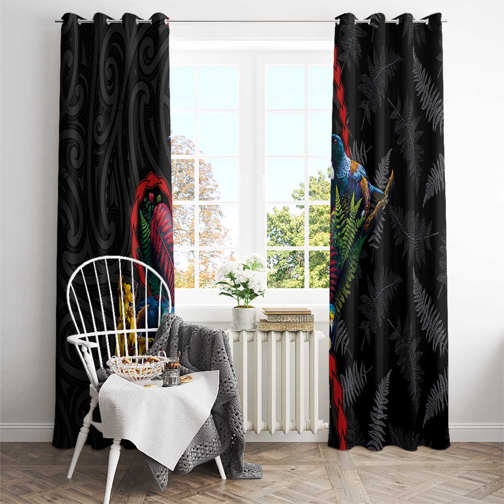New Zealand Tui Birds Love Couple Window Curtain The Heart of Silver Fern Leaves and Maori Tattoo Pattern