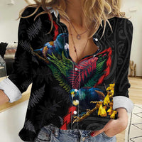 New Zealand Tui Birds Love Couple Women Casual Shirt The Heart of Silver Fern Leaves and Maori Tattoo Pattern
