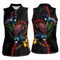 New Zealand Tui Birds Love Couple Women Sleeveless Polo Shirt The Heart of Silver Fern Leaves and Maori Tattoo Pattern
