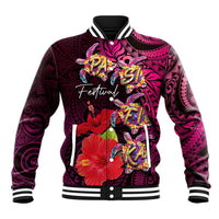 Pasifika Festival Baseball Jacket Plumeria Turtles with Hibiscus - Polynesian Art Tattoo Pink Color