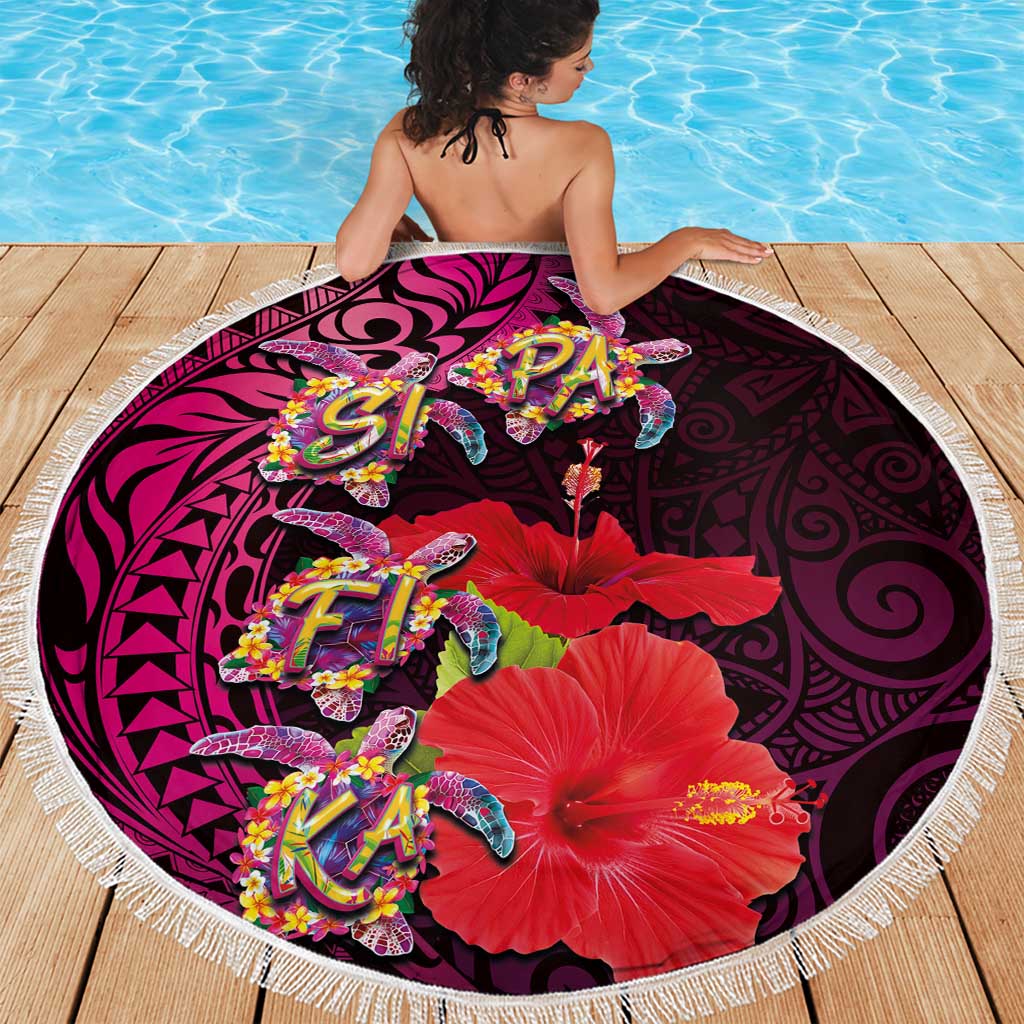 Pasifika Festival Beach Blanket Plumeria Turtles with Hibiscus - Polynesian Art Tattoo Pink Color