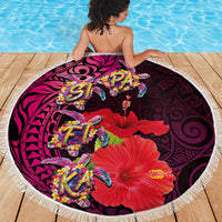 Pasifika Festival Beach Blanket Plumeria Turtles with Hibiscus - Polynesian Art Tattoo Pink Color