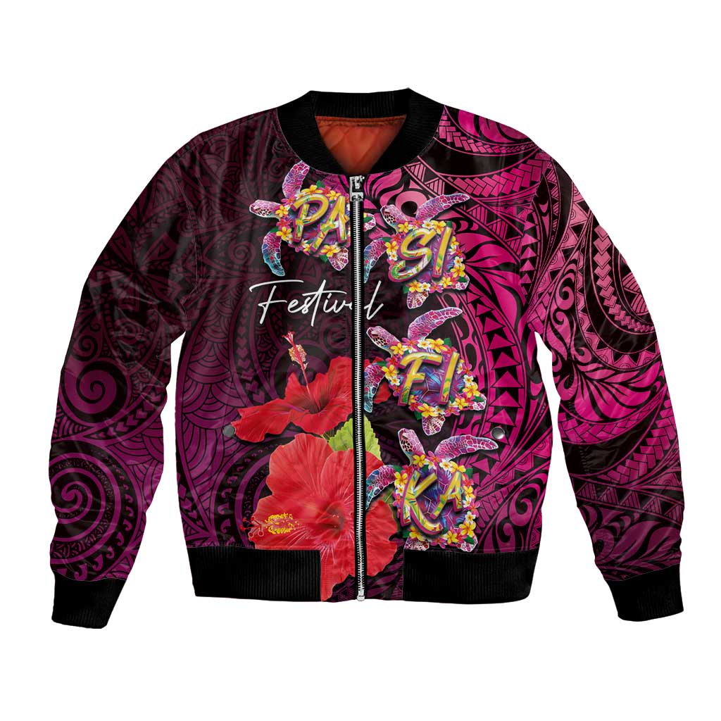 Pasifika Festival Bomber Jacket Plumeria Turtles with Hibiscus - Polynesian Art Tattoo Pink Color LT03 Unisex Pink - Polynesian Pride