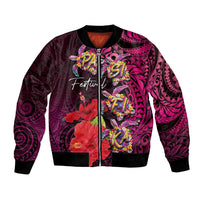 Pasifika Festival Bomber Jacket Plumeria Turtles with Hibiscus - Polynesian Art Tattoo Pink Color