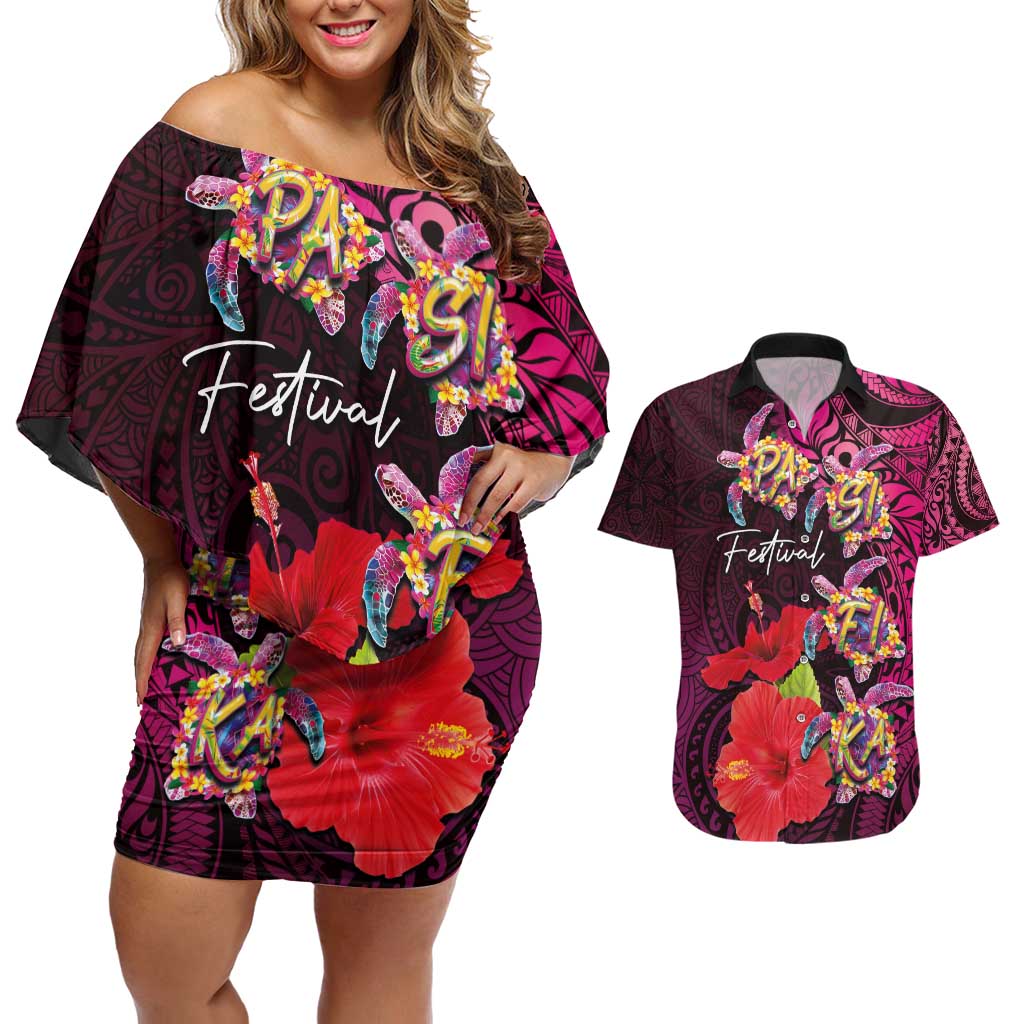 Pasifika Festival Couples Matching Off Shoulder Short Dress and Hawaiian Shirt Plumeria Turtles with Hibiscus - Polynesian Art Tattoo Pink Color