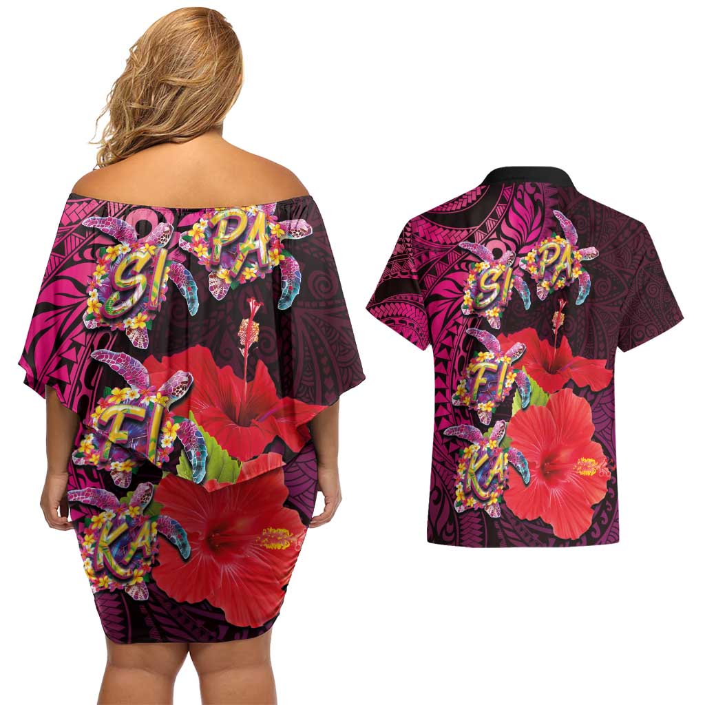 Pasifika Festival Couples Matching Off Shoulder Short Dress and Hawaiian Shirt Plumeria Turtles with Hibiscus - Polynesian Art Tattoo Pink Color