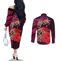 Pasifika Festival Couples Matching Off The Shoulder Long Sleeve Dress and Long Sleeve Button Shirt Plumeria Turtles with Hibiscus - Polynesian Art Tattoo Pink Color
