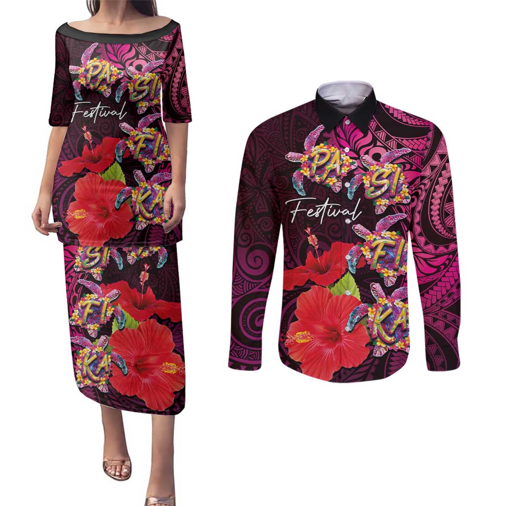 Pasifika Festival Couples Matching Puletasi and Long Sleeve Button Shirt Plumeria Turtles with Hibiscus - Polynesian Art Tattoo Pink Color