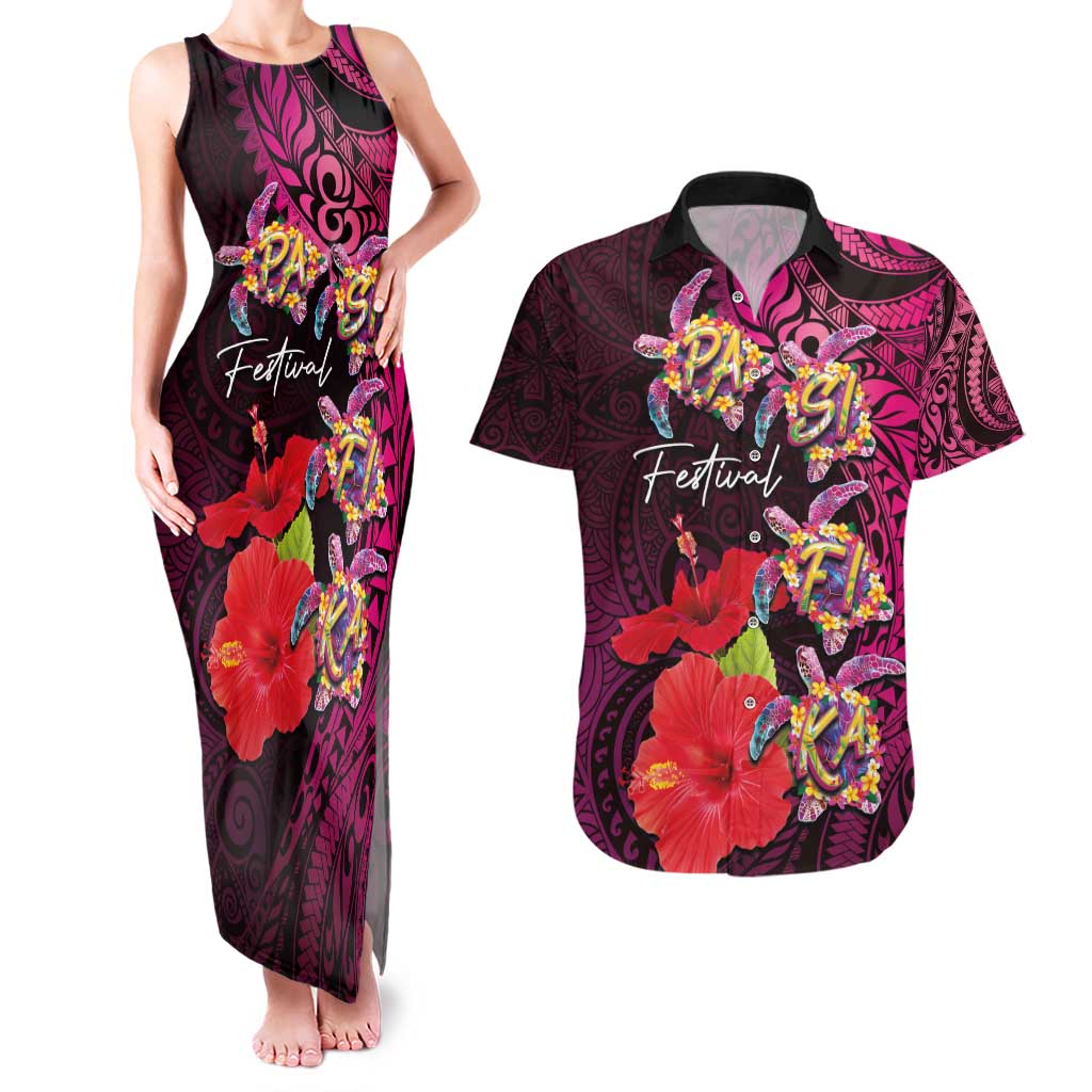 Pasifika Festival Couples Matching Tank Maxi Dress and Hawaiian Shirt Plumeria Turtles with Hibiscus - Polynesian Art Tattoo Pink Color