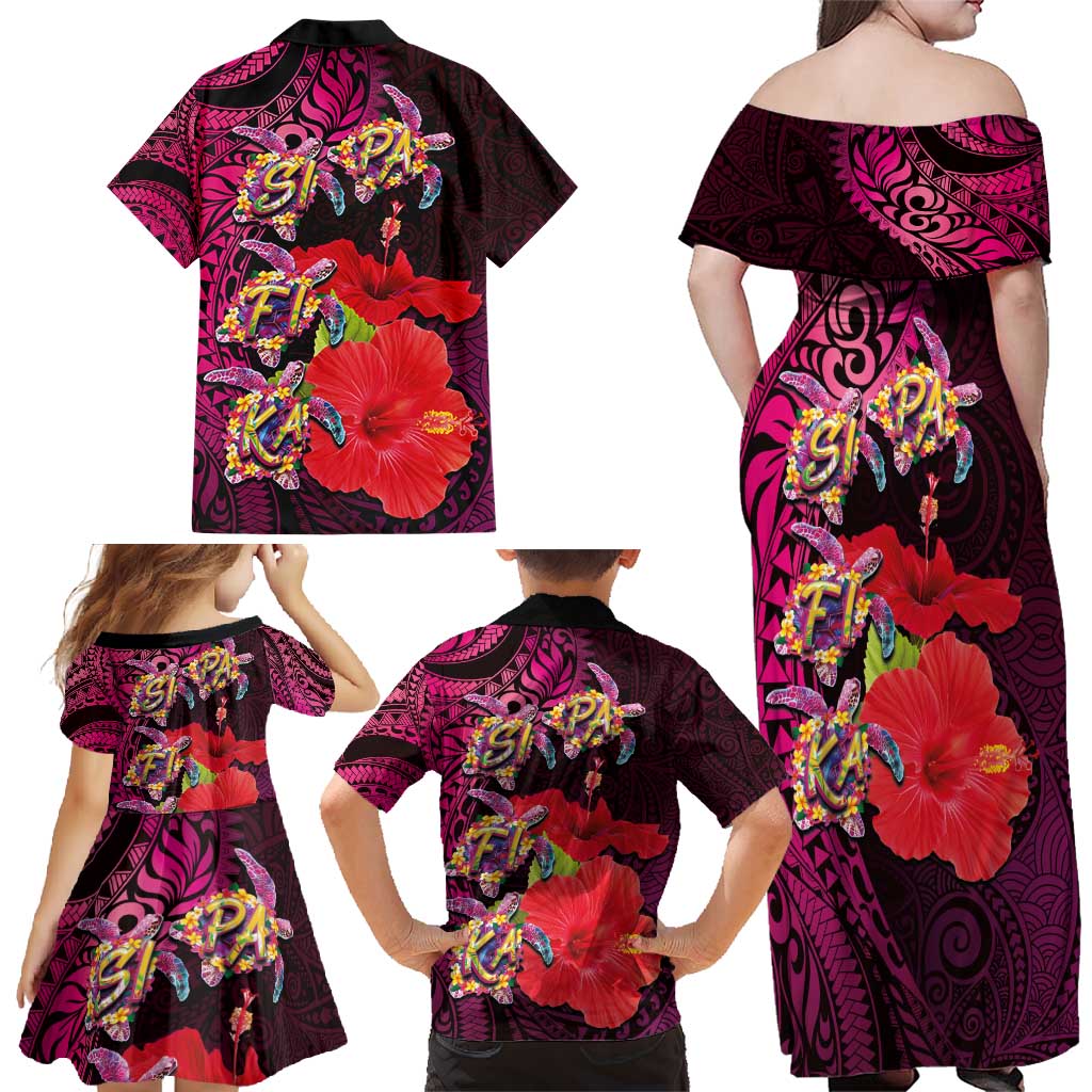 Pasifika Festival Family Matching Off Shoulder Maxi Dress and Hawaiian Shirt Plumeria Turtles with Hibiscus - Polynesian Art Tattoo Pink Color