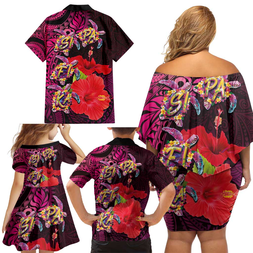 Pasifika Festival Family Matching Off Shoulder Short Dress and Hawaiian Shirt Plumeria Turtles with Hibiscus - Polynesian Art Tattoo Pink Color
