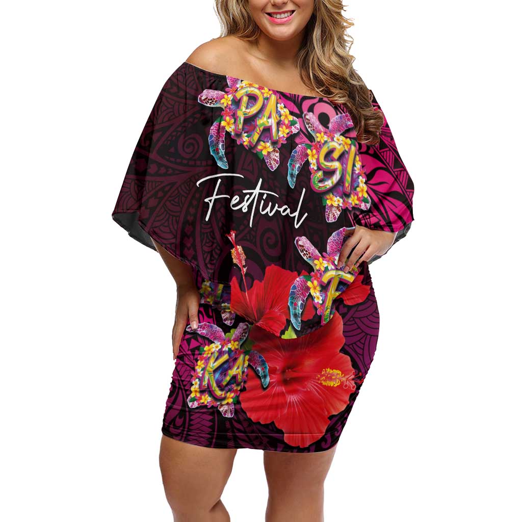 Pasifika Festival Family Matching Off Shoulder Short Dress and Hawaiian Shirt Plumeria Turtles with Hibiscus - Polynesian Art Tattoo Pink Color
