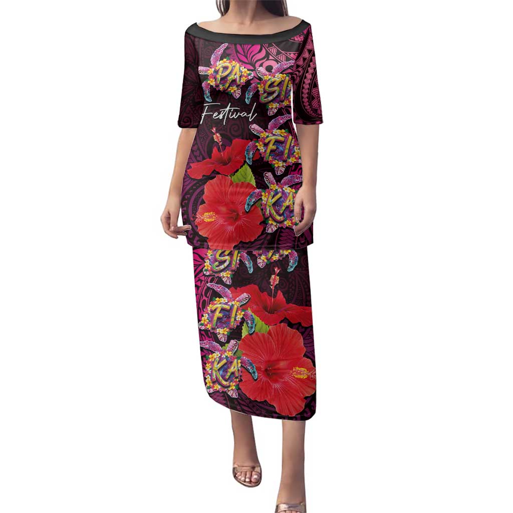 Pasifika Festival Family Matching Puletasi and Hawaiian Shirt Plumeria Turtles with Hibiscus - Polynesian Art Tattoo Pink Color