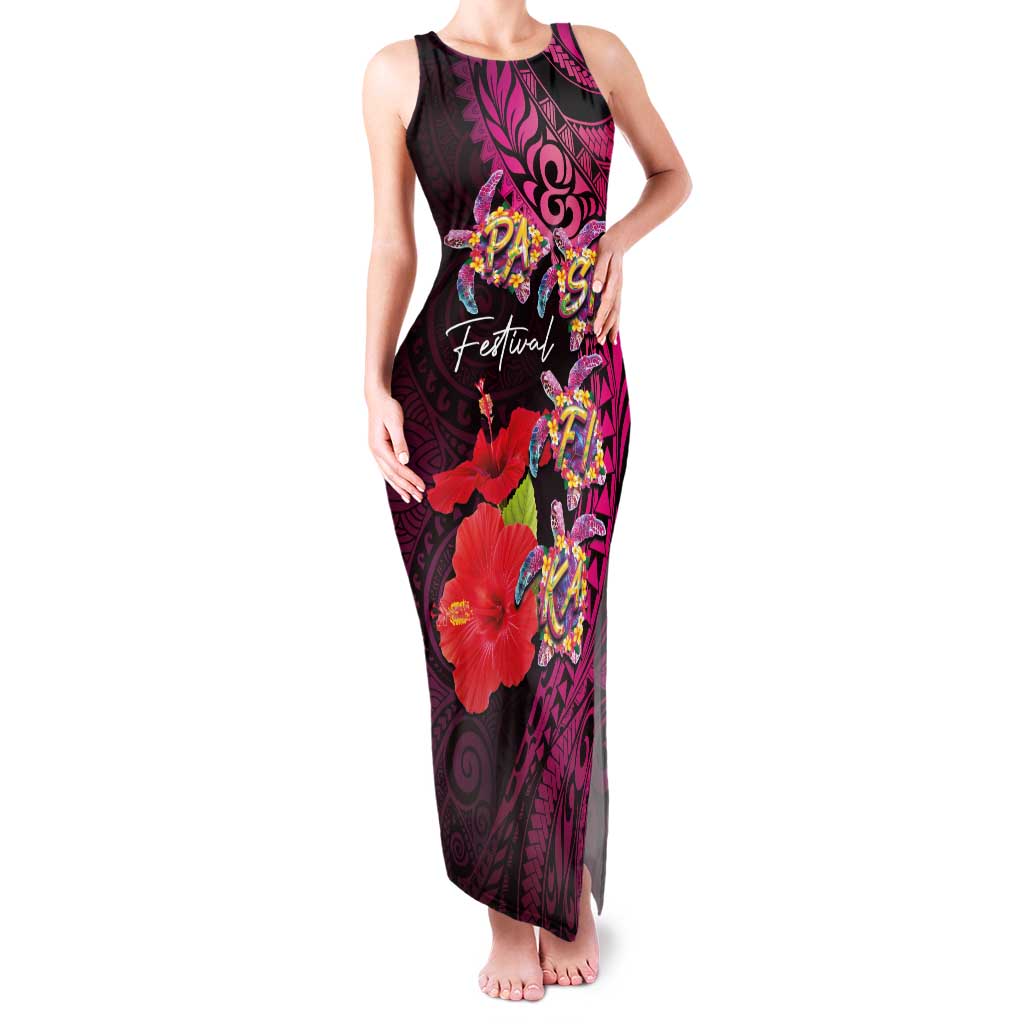 Pasifika Festival Family Matching Tank Maxi Dress and Hawaiian Shirt Plumeria Turtles with Hibiscus - Polynesian Art Tattoo Pink Color