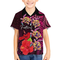 Pasifika Festival Kid Hawaiian Shirt Plumeria Turtles with Hibiscus - Polynesian Art Tattoo Pink Color