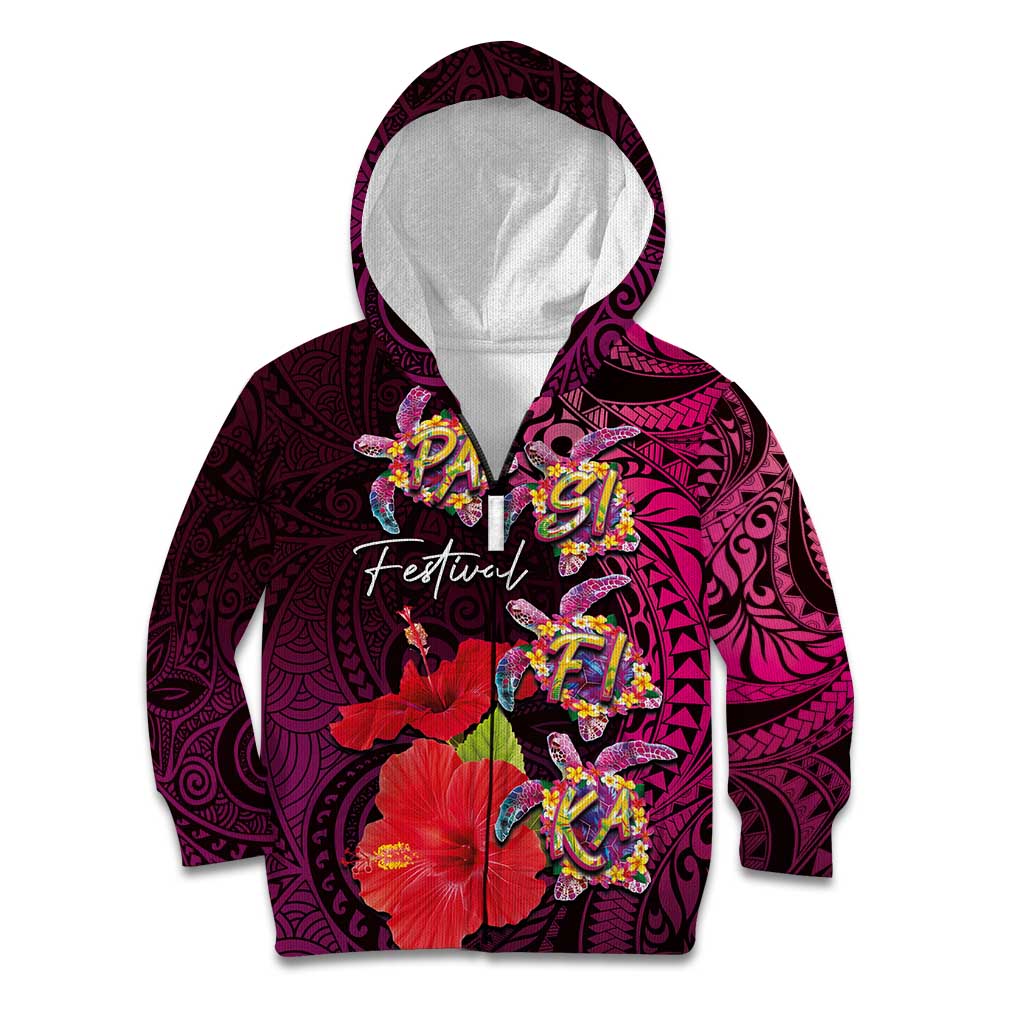 Pasifika Festival Kid Hoodie Plumeria Turtles with Hibiscus - Polynesian Art Tattoo Pink Color