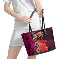 Pasifika Festival Leather Tote Bag Plumeria Turtles with Hibiscus - Polynesian Art Tattoo Pink Color