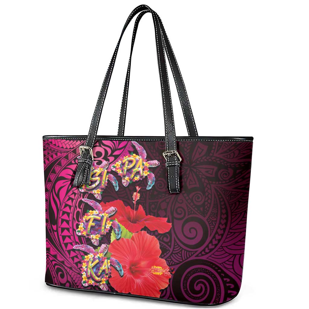 Pasifika Festival Leather Tote Bag Plumeria Turtles with Hibiscus - Polynesian Art Tattoo Pink Color
