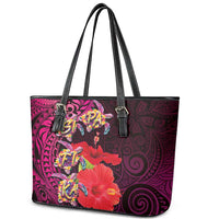 Pasifika Festival Leather Tote Bag Plumeria Turtles with Hibiscus - Polynesian Art Tattoo Pink Color