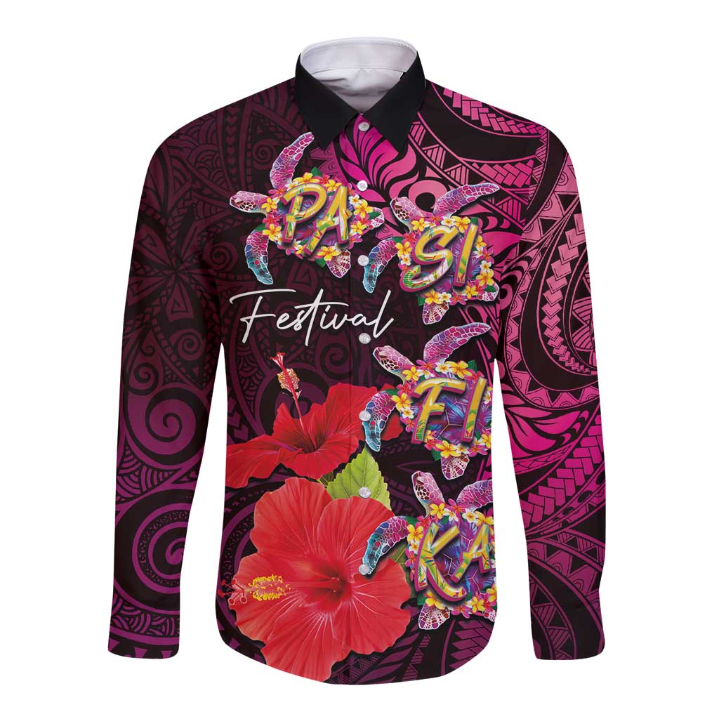 Pasifika Festival Long Sleeve Button Shirt Plumeria Turtles with Hibiscus - Polynesian Art Tattoo Pink Color