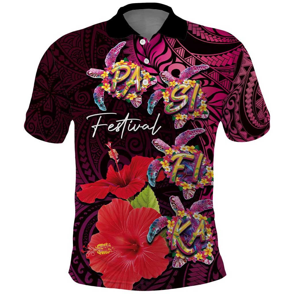 Pasifika Festival Polo Shirt Plumeria Turtles with Hibiscus - Polynesian Art Tattoo Pink Color