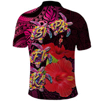 Pasifika Festival Polo Shirt Plumeria Turtles with Hibiscus - Polynesian Art Tattoo Pink Color