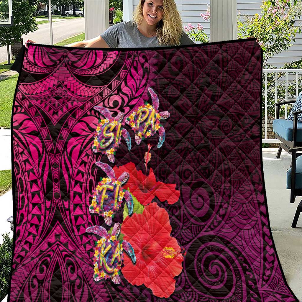 Pasifika Festival Quilt Plumeria Turtles with Hibiscus - Polynesian Art Tattoo Pink Color