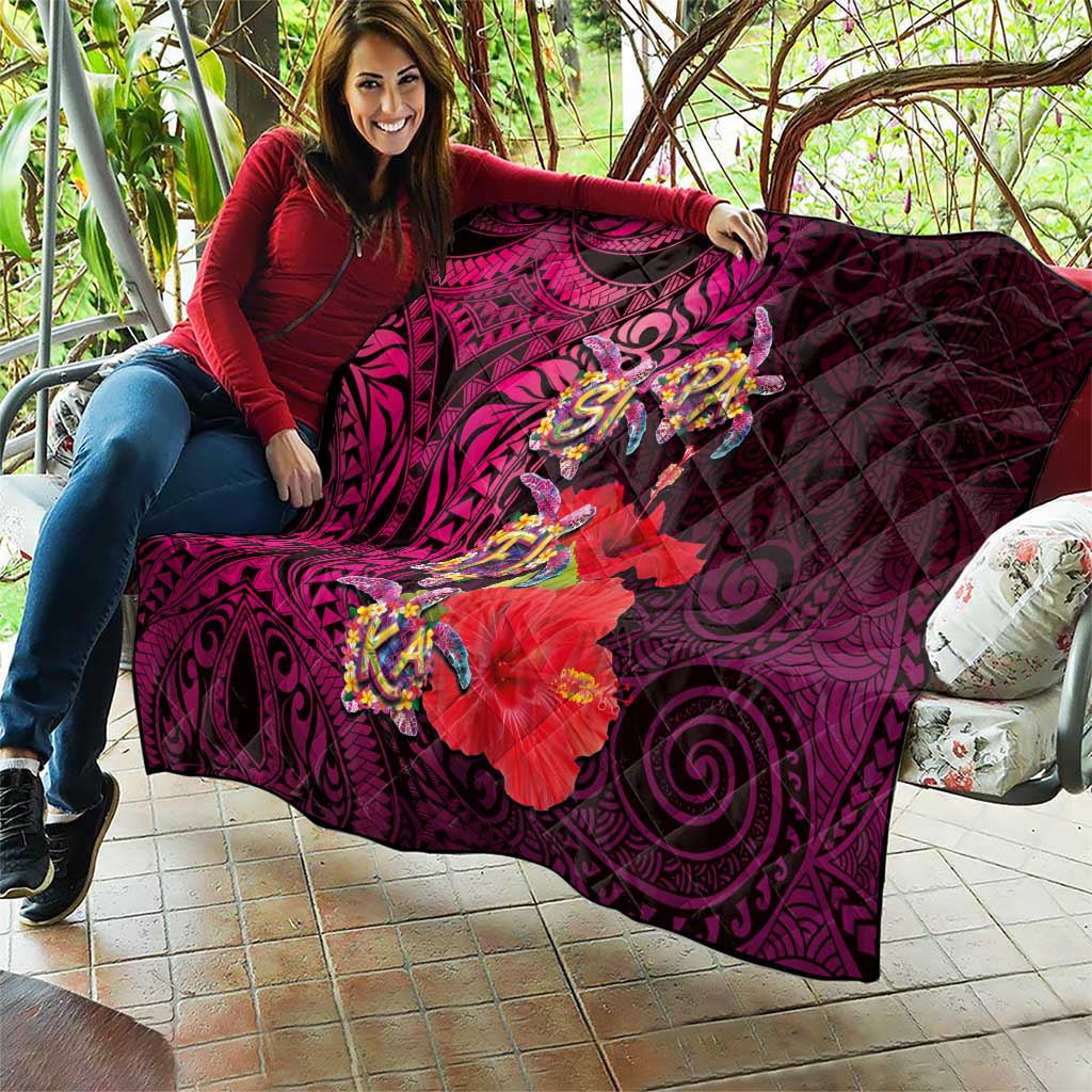 Pasifika Festival Quilt Plumeria Turtles with Hibiscus - Polynesian Art Tattoo Pink Color