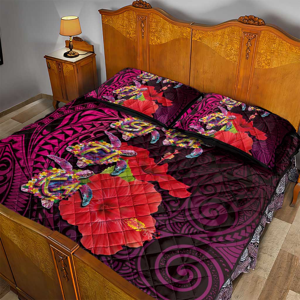 Pasifika Festival Quilt Bed Set Plumeria Turtles with Hibiscus - Polynesian Art Tattoo Pink Color