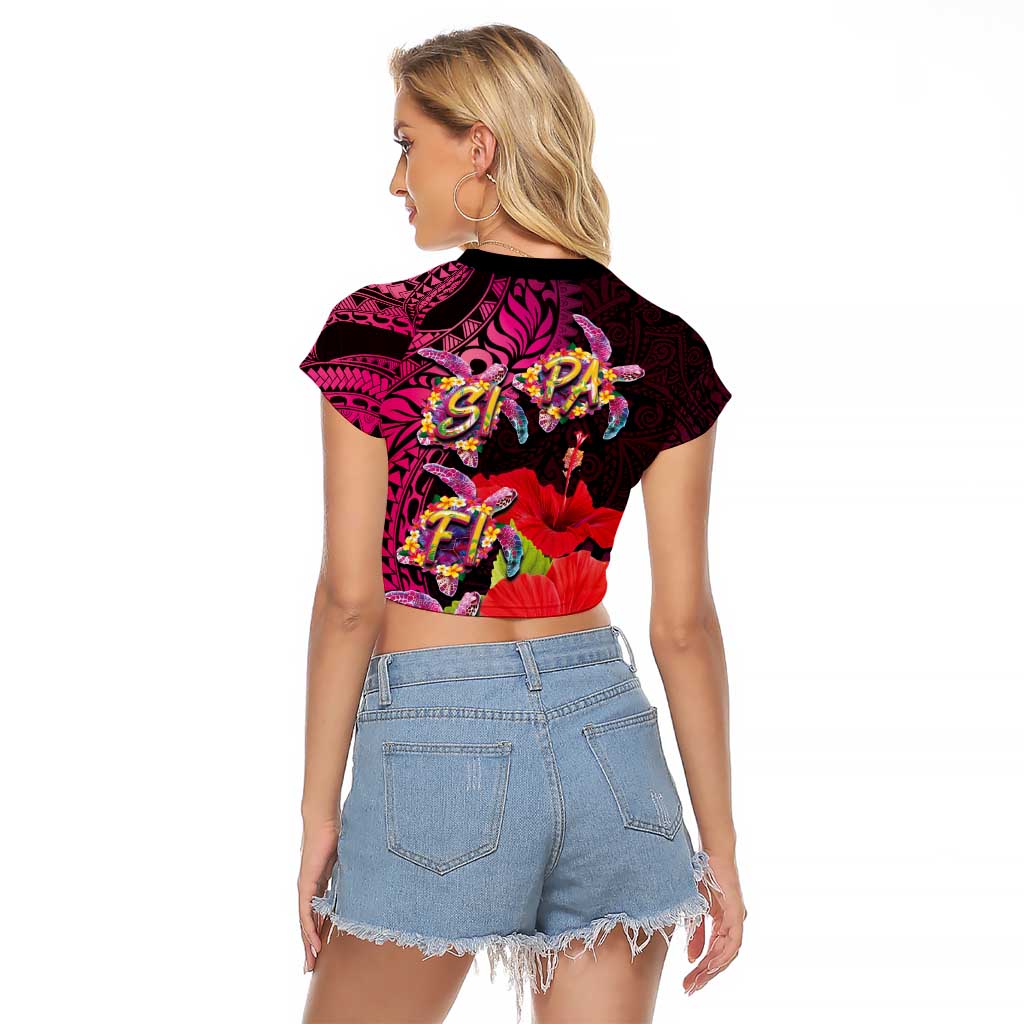 Pasifika Festival Raglan Cropped T Shirt Plumeria Turtles with Hibiscus - Polynesian Art Tattoo Pink Color