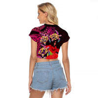 Pasifika Festival Raglan Cropped T Shirt Plumeria Turtles with Hibiscus - Polynesian Art Tattoo Pink Color