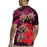 Pasifika Festival Rugby Jersey Plumeria Turtles with Hibiscus - Polynesian Art Tattoo Pink Color