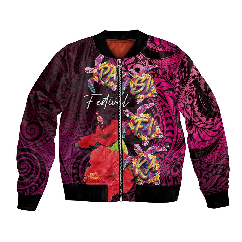Pasifika Festival Sleeve Zip Bomber Jacket Plumeria Turtles with Hibiscus - Polynesian Art Tattoo Pink Color