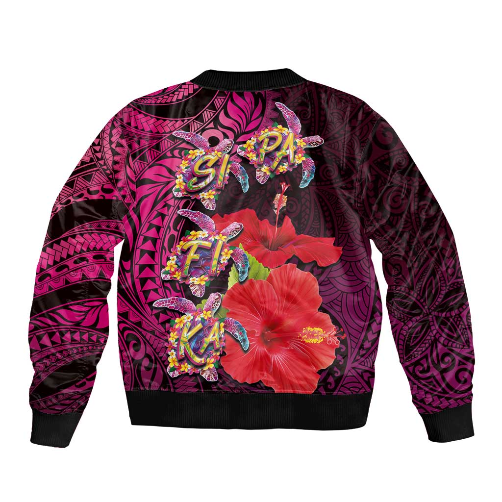 Pasifika Festival Sleeve Zip Bomber Jacket Plumeria Turtles with Hibiscus - Polynesian Art Tattoo Pink Color