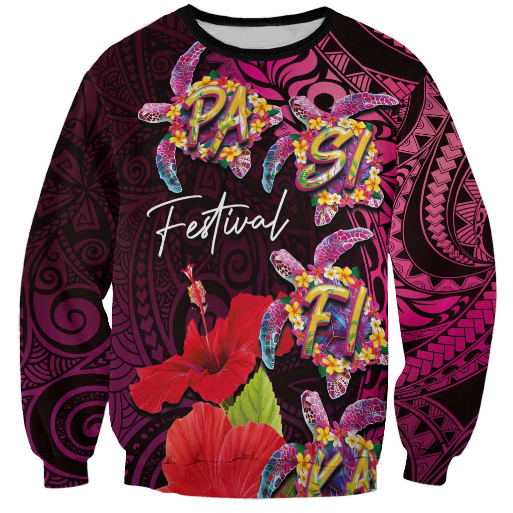 Pasifika Festival Sweatshirt Plumeria Turtles with Hibiscus - Polynesian Art Tattoo Pink Color